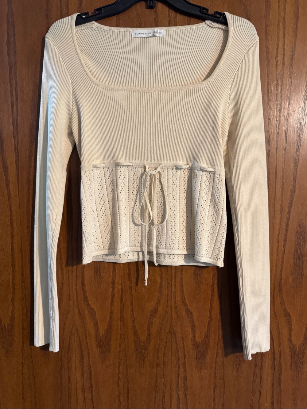 Altar'd State Cream Ribbed Square-Neck Long Sleeve Top with Eyelet Peplum
